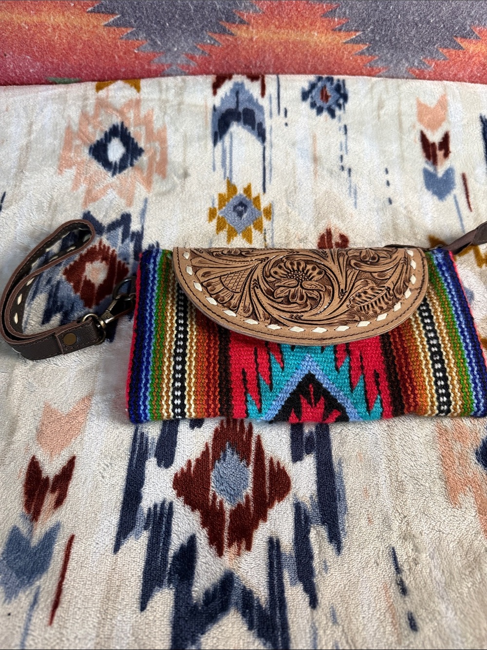 Boho Aztec Leather-Trim Wristlet Clutch in Multicolor